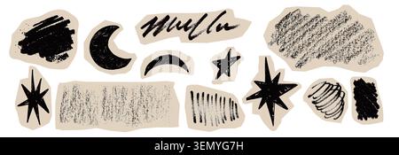 Black crayon scribbles set isolated on white background. Vector realistic illustration of hand drawn charcoal doodles with chalk texture, abstract marker strokes, grunge cutout patterns Stock Vector