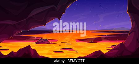 Cartoon lava cave background with flowing magma. Vector illustration of rocky underground hell landscape, burning hot volcanic liquid, night sky with stars, fantasy adventure game scene backdrop Stock Vector