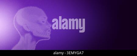 Futuristic AI wireframe portrait on purple gradient background. Vector realistic illustration of human head visualization, artificial intelligence technology concept, cyber security scan system Stock Vector