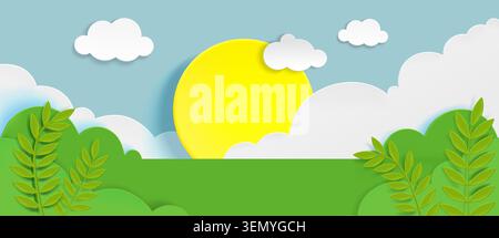 Spring paper cut landscape with grass and bushes under blue sky, vector background. Origami style garden or forest scene with yellow rising or downing sun, white fluffy clouds, green meadow backdrop Stock Vector