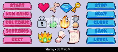 Pixel art game button set of arcade item icons, 8 bit interface elements, gold key, lock and scroll, heart, crown and diamond, retro videogame graphic for level design, ui cartoon vector illustrations Stock Vector
