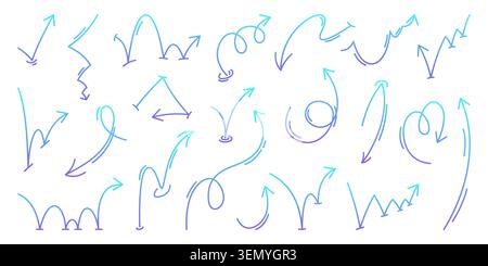 Dynamic arrow set with spiral trajectories and bounce curves, vector ball jumping icons with movement direction, rebound paths, neon blue flowing lines on black background Stock Vector