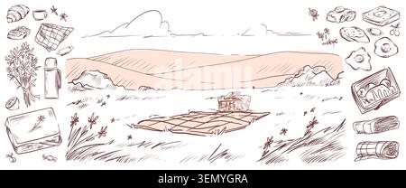 Hand drawn picnic scene sketch with basket on grass. Vector illustration of doodle meadow landscape with flowers, checkered blanket on ground, food and thermos for eating outdoors, rural countryside Stock Vector