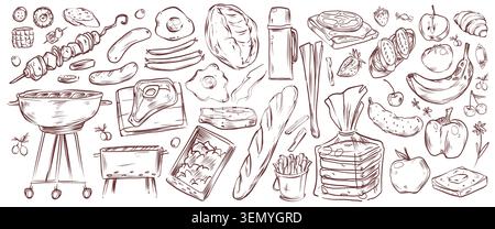Picnic food sketch pattern on white background. Vector illustration of BBQ party menu design with skewered meat, sausages, toasts and fried eggs, fresh fruit and vegetables, barbecue restaurant banner Stock Vector