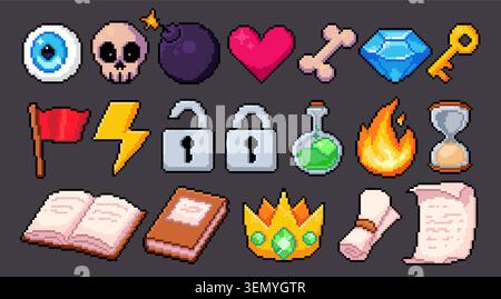 Pixel art game collection of arcade item icons, 8 bit interface elements, key, lock and crown, book, scroll and diamond, retro videogame graphics for level design, ui cartoon vector illustrations Stock Vector