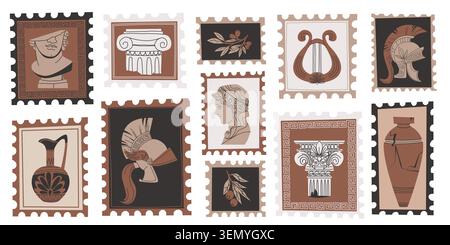 Greek antique vase stamp design with vintage mediterranea motifs, cartoon vector set of illustrations. Ancient greece pottery frames, classic postcard art templates, sticker graphic elements Stock Vector