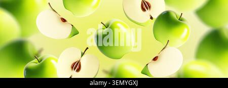 Realistic 3D green apple flying, vector unfocused background. Fresh whole and sliced fruits, illustration with falling motion blur effect. Design element for juice ads, food graphics Stock Vector