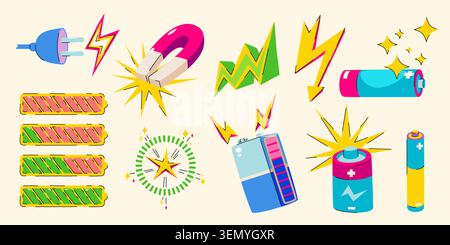 Retro sticker set with colorful energy bar, circle icons, lightning bolts, and groovy battery charge symbols, cartoon vector illustrations isolated on background. Pop art style power indicators Stock Vector