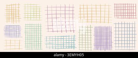 Doodles grid patterns set on white paper background. Vector abstract cartoon illustration of kid color paint scribbles, brush stroke lines, ink hand drawn school banner design elements Stock Vector