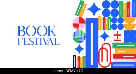 Book festival cover design with abstract book shapes. Brutal vector illustration, minimalist simple border isolated on white background for library posters, educational fairs, literature event banner Stock Vector