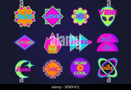 Cute y2k sticker collection with retro pop art vibes. Vector set of cool acid color fire, alien face and flower shape icons with text, groovy 90s geometric patches for creative nostalgic design Stock Vector