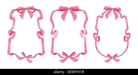 Whimsical pink ribbon frame with coquette bow, stripped, dot pattern vintage vector borders isolated on white background. Girly birthday invitation design, wedding cards with hand drawn pastel lines Stock Vector