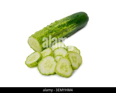 Fresh cucumber and slices isolated on white background. Stock Photo
