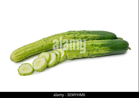 Fresh cucumber and slices isolated on white background. Stock Photo