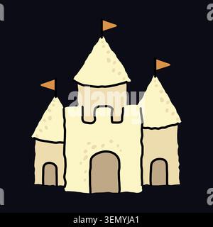 Sandcastle vector illustration on dark background. Sandy castle with towers, flags and gates for summer beach childhood games, tropical resort Stock Vector