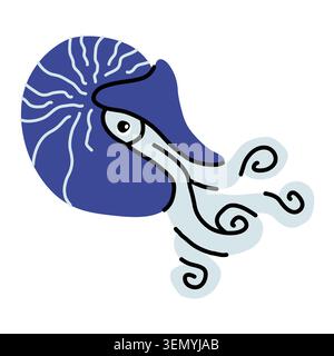Nautilus vector cartoon illustration. Cute blue nautilus shell with tentacles. Hand drawn exotic sea creature clipart isolated on white background Stock Vector