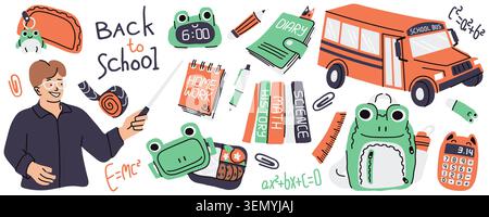 Bright back to school vector collection on white background with a friendly teacher pointing, school bus, frog backpack, stationery items, books Stock Vector