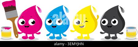 Cartoon CMYK ink drops with paint brush and paint bucket can. Colors for print, graphic design elements for printing process. Set of paint drops. Stock Vector