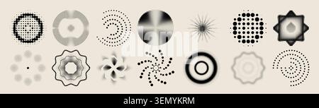 Abstract circular pattern with radial halftone dots and dynamic swirl effect, vector icons isolated on background. Modern geometric gradient design, graphic elements with spiral shape, pulse texture Stock Vector