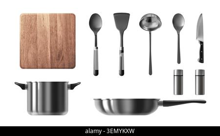 Realistic 3D kitchen utensils set isolated on white background. Vector illustration of wooden board, steel frying pan and saucepan, spoon, knife and spatula for cooking meal, restaurant chef tools Stock Vector