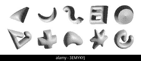 Y2k dithered geometric shapes set isolated on white background. Vector illustration of retro 3d plus, star, circle, crescent elements with soft shadows, trendy halftone dot models with raster effect Stock Vector