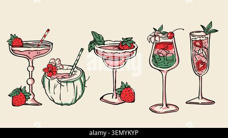Sketch collection of fruit cocktails in elegant glasses. Vector set of color doodle tropical drinks with strawberry, coconut, cherry and ice cubes, vintage summer bar menu design elements, party decor Stock Vector