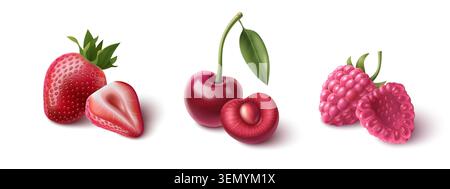3D red berries set isolated on white background. Vector realistic illustration of fresh strawberry, cherry and raspberry, whole and half cut fruit for juice, yogurt or smoothie packaging, natural food Stock Vector