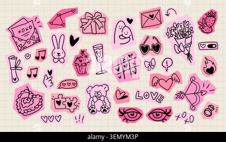 Cute scrapbook stickers for Valentine Day collage. Vector illustration set of heart, flower, eyes, romantic letter doodles, vintage love puzzle, romantic pink icons for retro handmade greeting cards Stock Vector