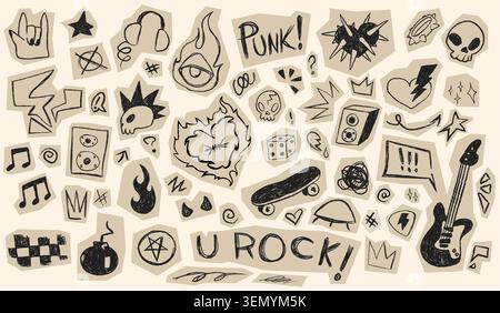 Paper stickers with black crayon doodles for scrapbook design. Vector set of grunge patches with punk style cutout scribbles and symbols, retro collage art spiked and burning heart, skulls, arrows Stock Vector