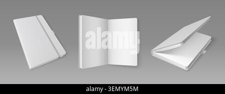 Realistic 3D notebook mockup with empty white pages, hard leather cover. Vector realistic illustration of open and closed notepad template for corporate branding, office stationery design, blank diary Stock Vector