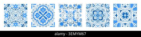 Mediterranean tile patterns, blue vector illustration on white background. Greek mosaics geometric elements for seamless frames, ornamental design interiors, traditional italian, portuguese style Stock Vector