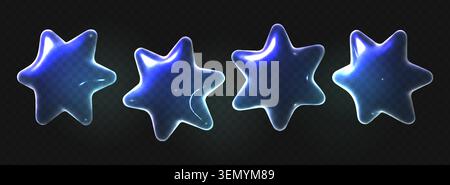 Transparent 3D glass star icons with holographic glossy effect, vector illustrations isolated on dark background. Realistic star bubble shapes with rainbow light refraction, liquid texture Stock Vector