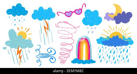 Color pastel weather icons set on white background. Vector cartoon illustration of hand drawn childish doodle sun, clouds, moon, snow, rain, rainbow, lightning and wind swirl, hand drawn baby designs Stock Vector