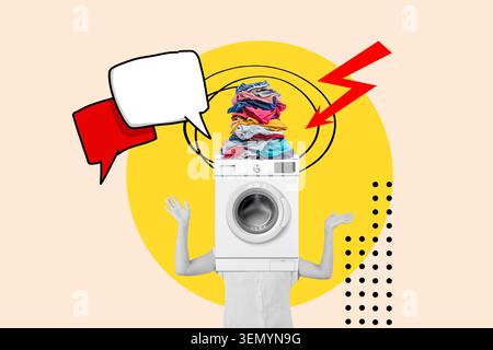 Collage of a woman with open arms with a washing machine with clothes on top on a yellow circle with speech bubbles and a red ray Stock Photo