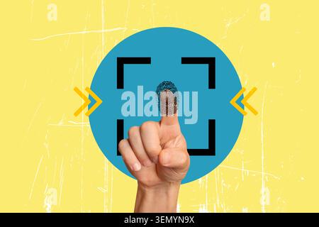 Collage of a man hand doing push button gesture on a blue circle with a fingerprint and yellows arrows Stock Photo