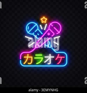 Neon glowing karaoke sign with two crossed microphones, star and Japanese text meaning Karaoke on dark transparent background. Vibrant colorful logo Stock Vector