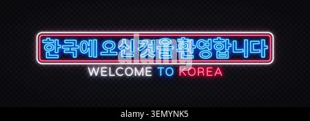 Neon blue and pink glowing sign with Korean hangul text meaning Welcome to Korea on dark transparent background. Vibrant cyberpunk banner for travel Stock Vector