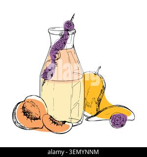 Smoothie of mango, creamy peach, nectarine, apricot in glass carafe with blueberry berry topping. Hand drawn ink vector art. Catering brochure visuals Stock Vector