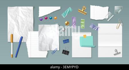 Blank crumpled paper notes and office stationery isolated on background. Vector realistic illustration of wrinkled notebook pages, memory papers, pen, pins and sticky tape for school collage design Stock Vector