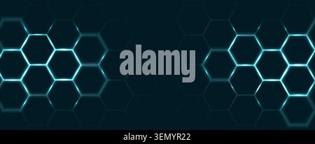 Abstract hexagon pattern with glowing blue neon lights on dark background. Vector realistic illustration of futuristic tech grid texture for digital design, modern game space, presentation backdrop Stock Vector
