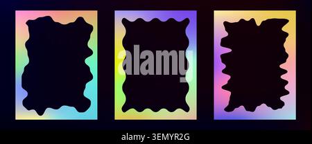 Abstract rainbow scalloped frames set isolated on black background. Vector realistic illustration of vivid color gradient borders with uneven edges for photo, school collage or summer poster design Stock Vector