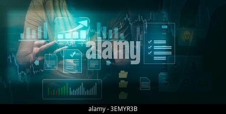 Business data analysis reports with marketing finance management strategy. Businessman looking growth graph on analytics dashboard. Digital charts gra Stock Photo