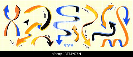 Color doodle 3d arrows set with playful curves and spirals. Vector illustration of hand drawn twisted direction signs of abstract shape, creative school infographic design elements, contemporary art Stock Vector