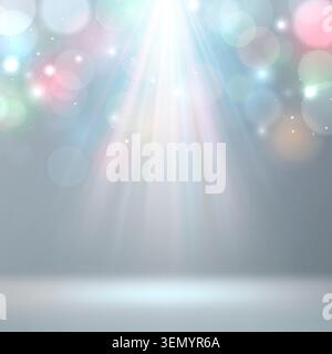 Spotlight backdrop. Light pastel background, multicolored bokeh. Background for displaying products. Bright beams of spotlights, shimmering glittering Stock Vector
