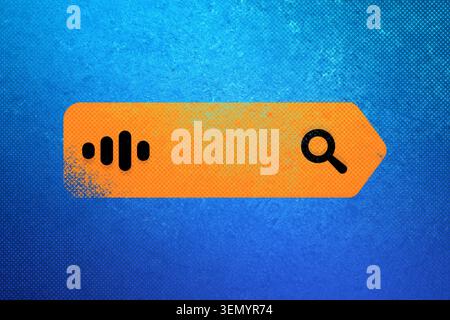 Orange search bar with speech recognition audio wave icon and magnifying glass symbol against a textured blue background, illustrating modern voice activated interaction Stock Photo