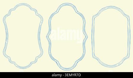 Set of vector rectangular frame with jagged, vibrant hand-drawn lines. Line drawing of a vintage blue frame with rounded and patterned edges Stock Vector