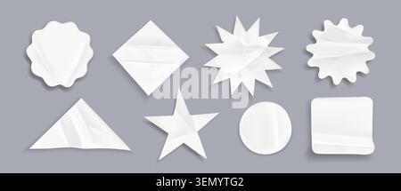 Realistic set of wrinkled peeled stickers isolated on grey background. Vector illustration of star, square and round shape patches with peel off edge, white crumpled labels for badge or tag design Stock Vector