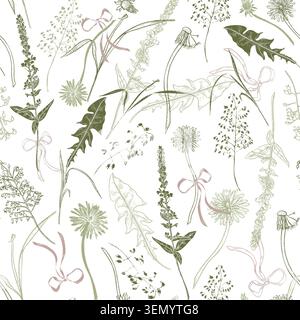 Silhouette and outline dandelions and grass tied with pink ribbons vector seamless pattern hand drawn . Floral sketch background vintage style. Spring Stock Vector