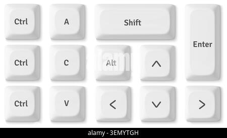 Modern 3D keyboard buttons isolated on background. Vector realistic illustration of white keycaps top view, personal computer control set, pc hardware, desktop design elements Stock Vector