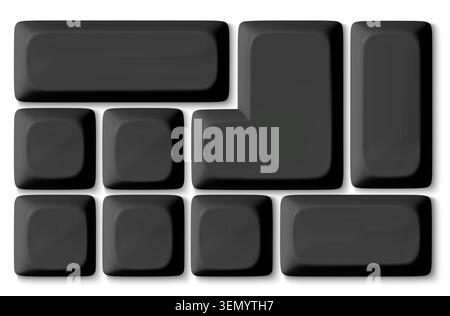 Modern 3D keyboard buttons set isolated on background. Vector realistic illustration of black keycaps top view, personal computer control keys, pc hardware, desktop design elements, office equipment Stock Vector
